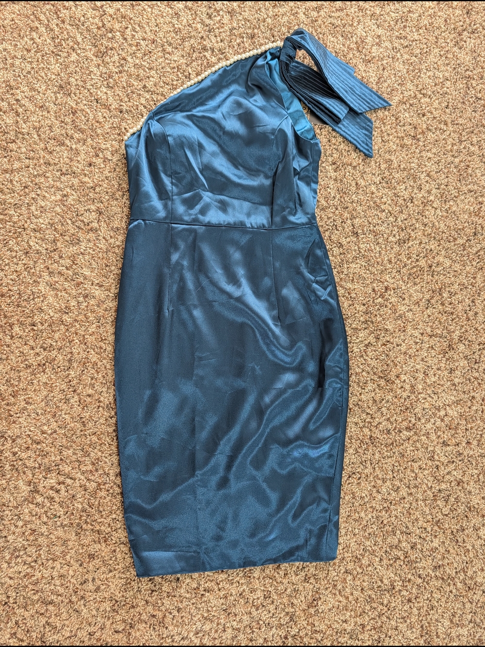 NWT Dolce Viva Collection Blue Green Satin One Shoulder‎ Dress Size S Pearl Trim